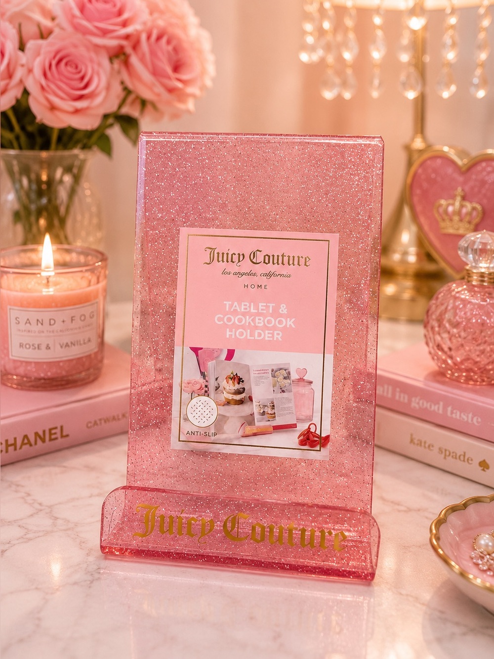 Juicy Couture Glitter Pink Tablet & Cookbook Stand with Gold Logo